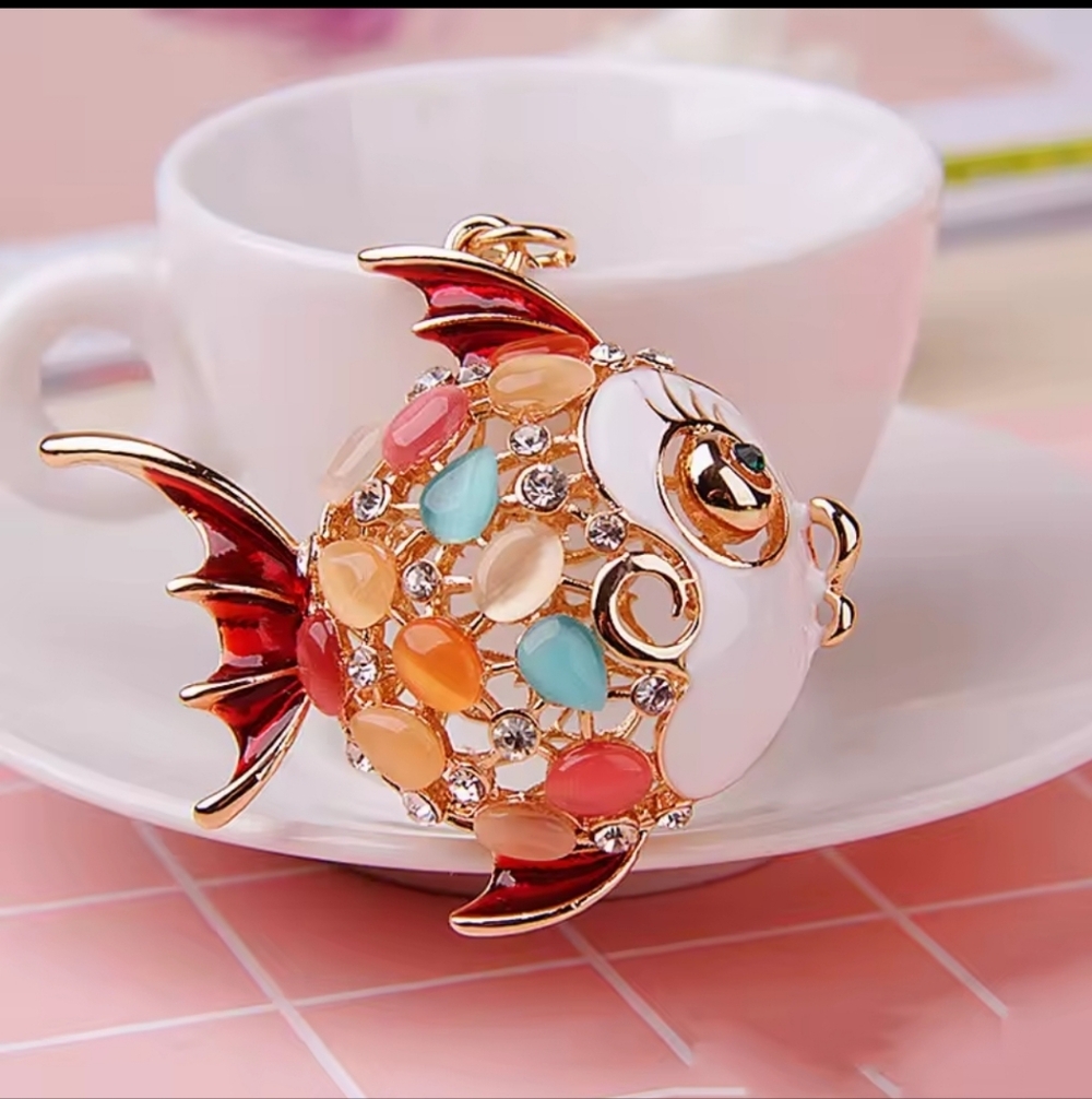 Lovely Opal Turbot Fish Cute Crystal Charm Purse Handbag Car  Key Ring Keychain